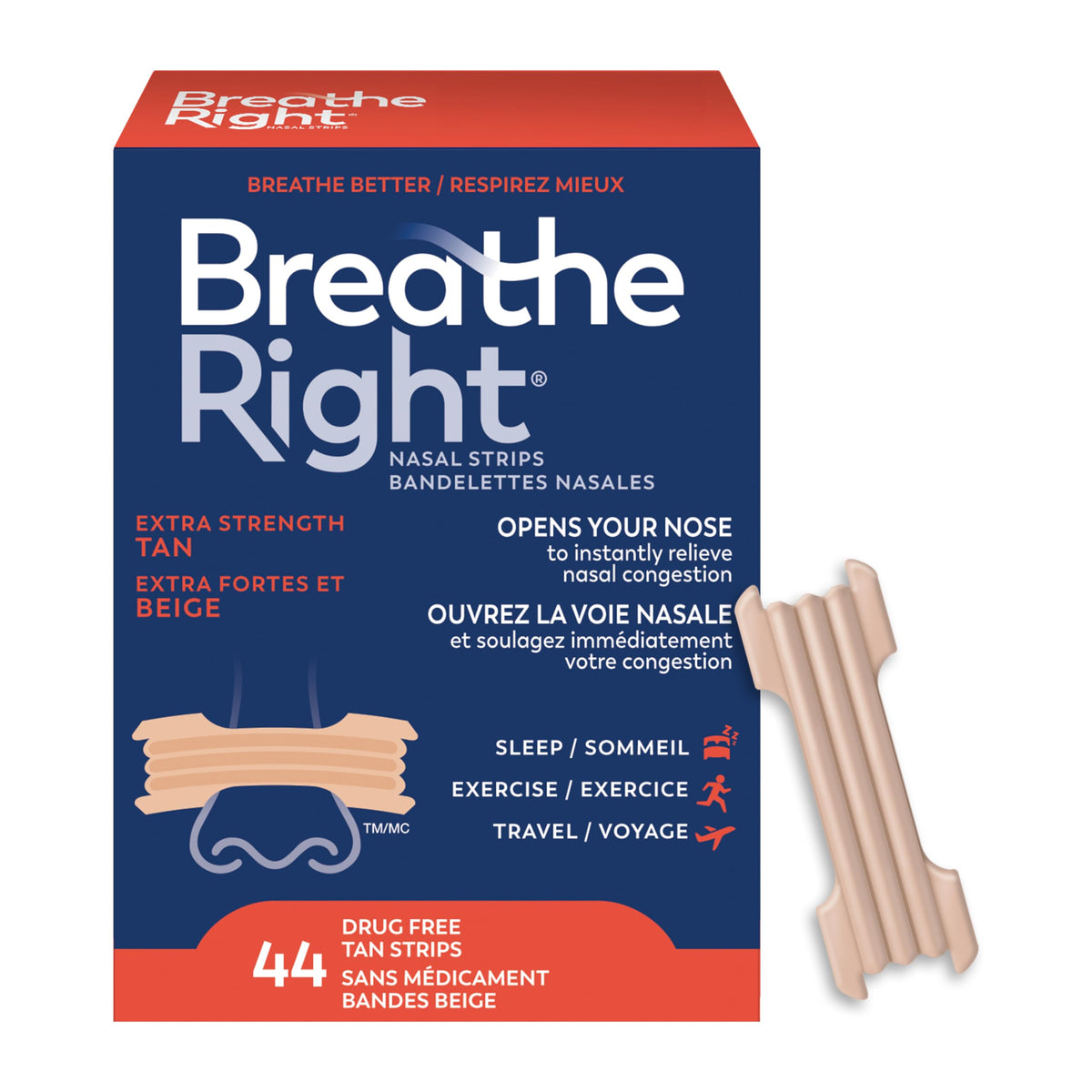 Breathe Right Nasal Strips, Extra Strength, Tan, Drug-Free Snoring Solution & Nasal Congestion Relief Caused by Colds & Allergies, Nightly Sleep, 44 Count 🍁 All In One Marketplace Canada