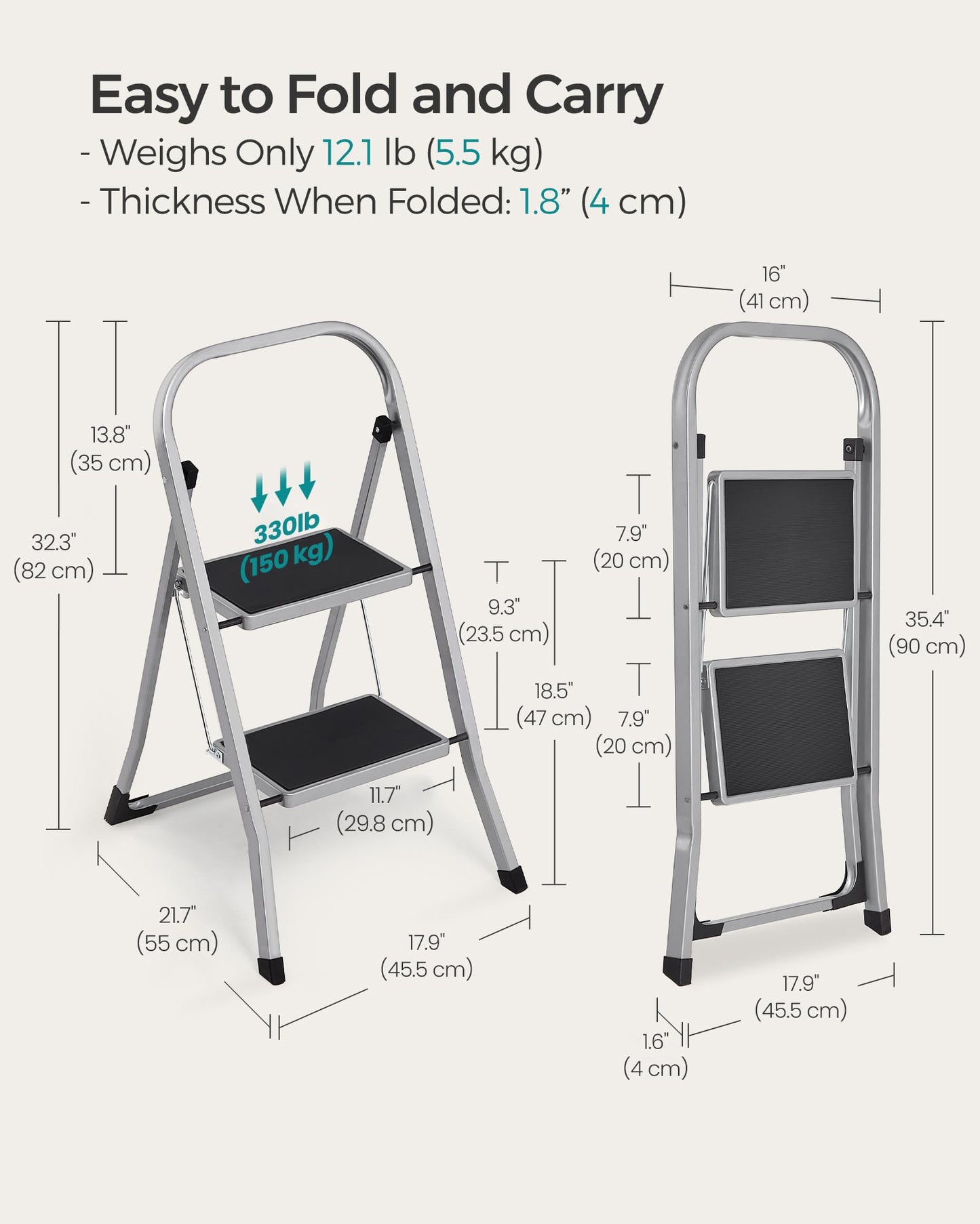 SONGMICS Step Ladder, 2-Step Ladder, Folding Ladder, Safety Lock, Space-Saving Storage, Holds up to 330 lb, Dove Gray UGSL012G01 🍁 All In One Marketplace Canada