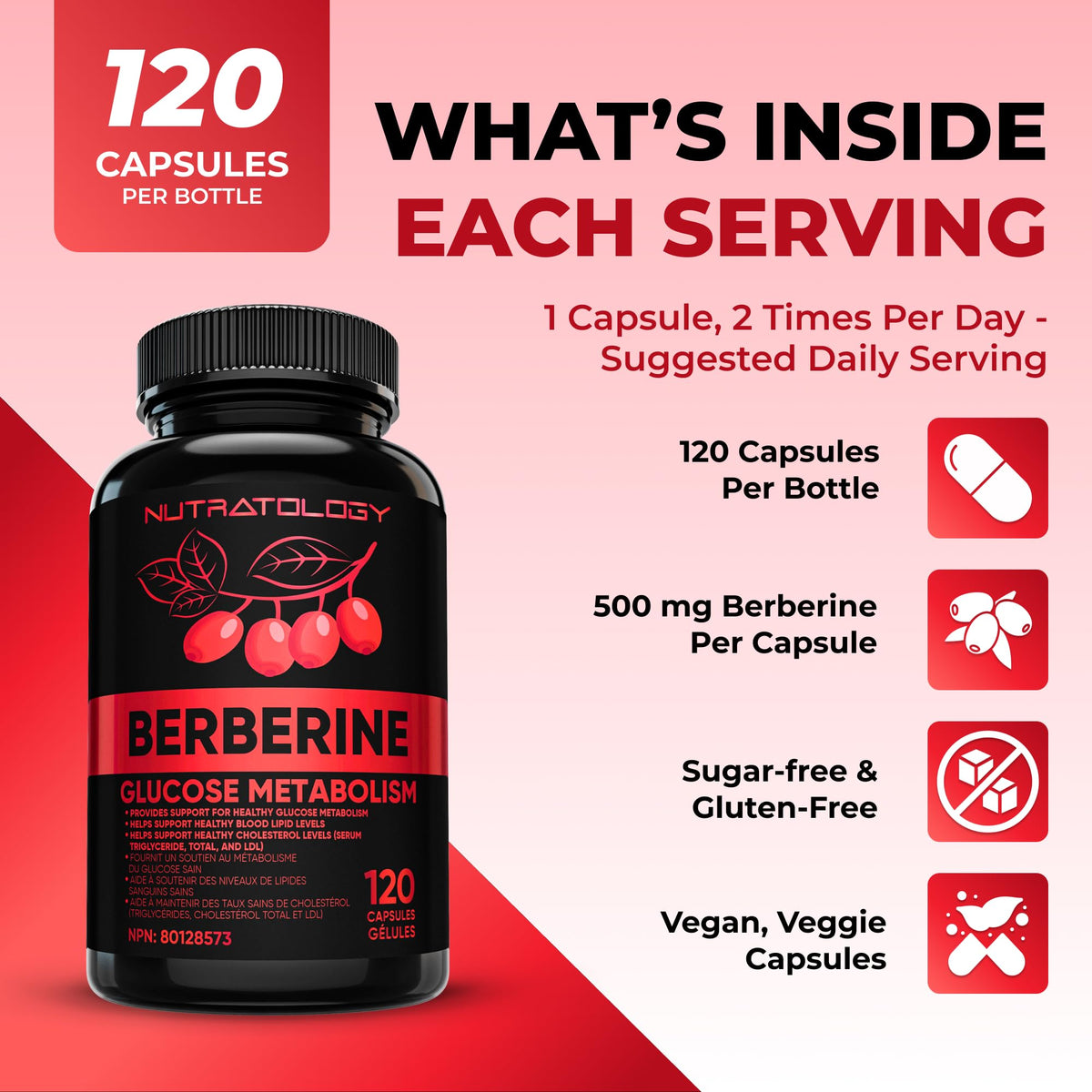 Nutratology® Berberine Supplement | Canadian-Made | Max Potency 500MG Per Capsule - Supports Glucose Metabolism & Healthy Blood Sugar Levels Through Efficient Metabolism Of Sugar & Fats - 120 Capsules 🍁 All In One Marketplace Canada