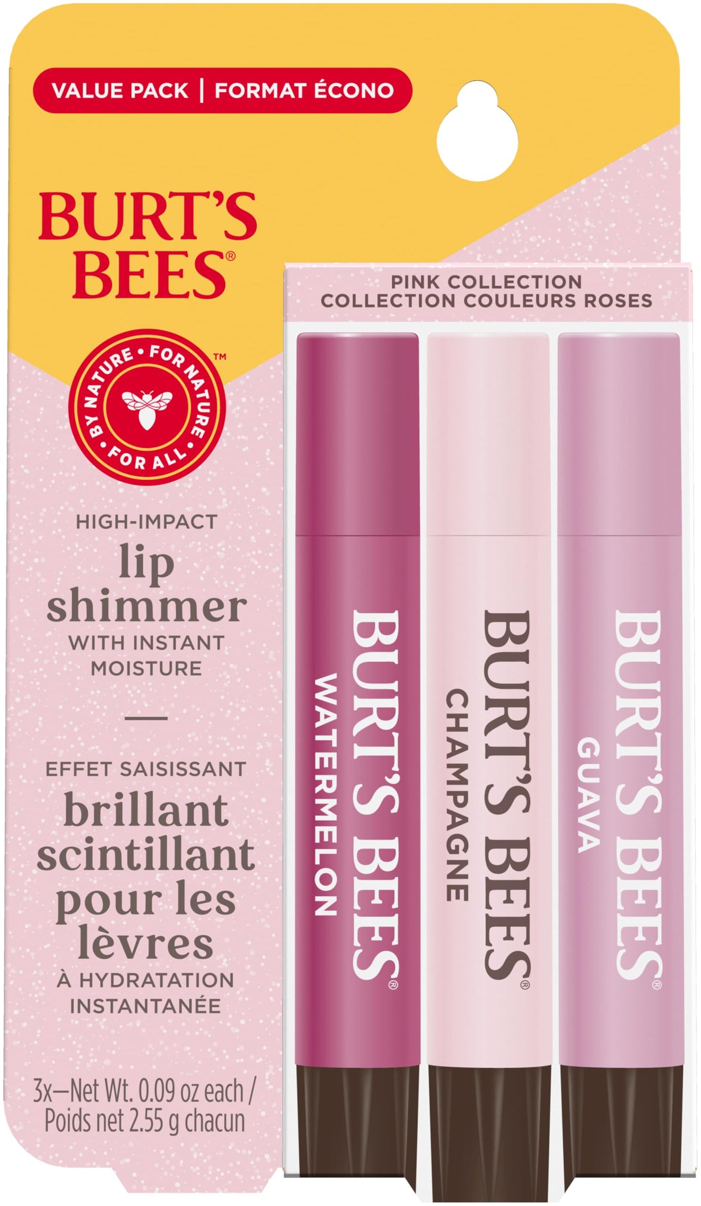 Burt's Bees Lip Shimmer, 100% Natural Origin Lip Gloss, Tinted Lip Colour | Get Soft and Hydrated Lips | Pack of 3 - (Pink) Champagne, Watermelon, Guava 🍁 All In One Marketplace Canada