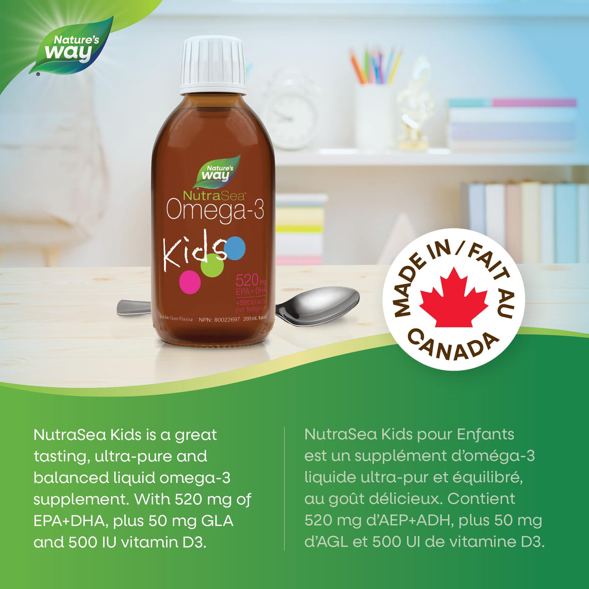 Nature's Way NutraSea Kids Omega 3 + Vitamin D Fish Oil Liquid Supplement for Kids Ages 1 to 14 – Bubblegum Flavour – Brain, Eye & Bone Support – EPA & DHA + GLA + D3, 200 mL 🍁 All In One Marketplace Canada