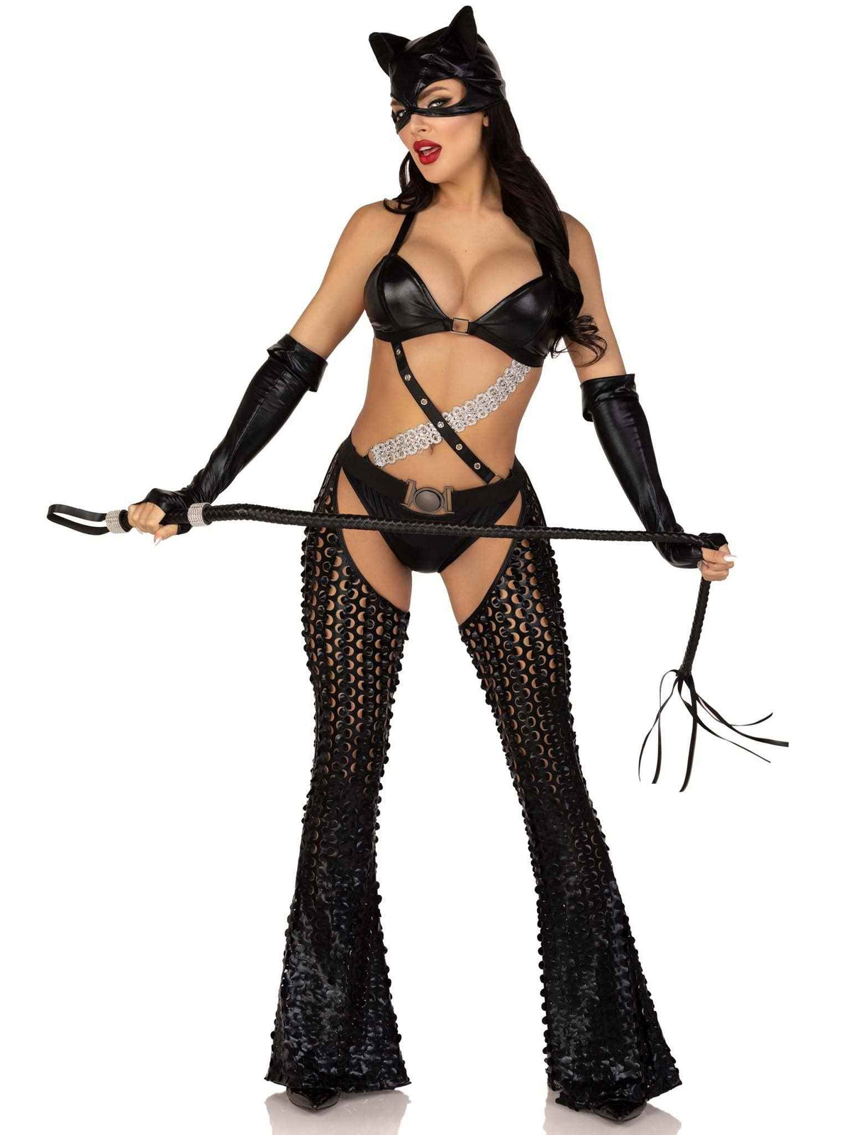 Leg Avenue Women’s 3 PC Mistress Kitty Halloween Costume with Catsuit, LARGE,Black