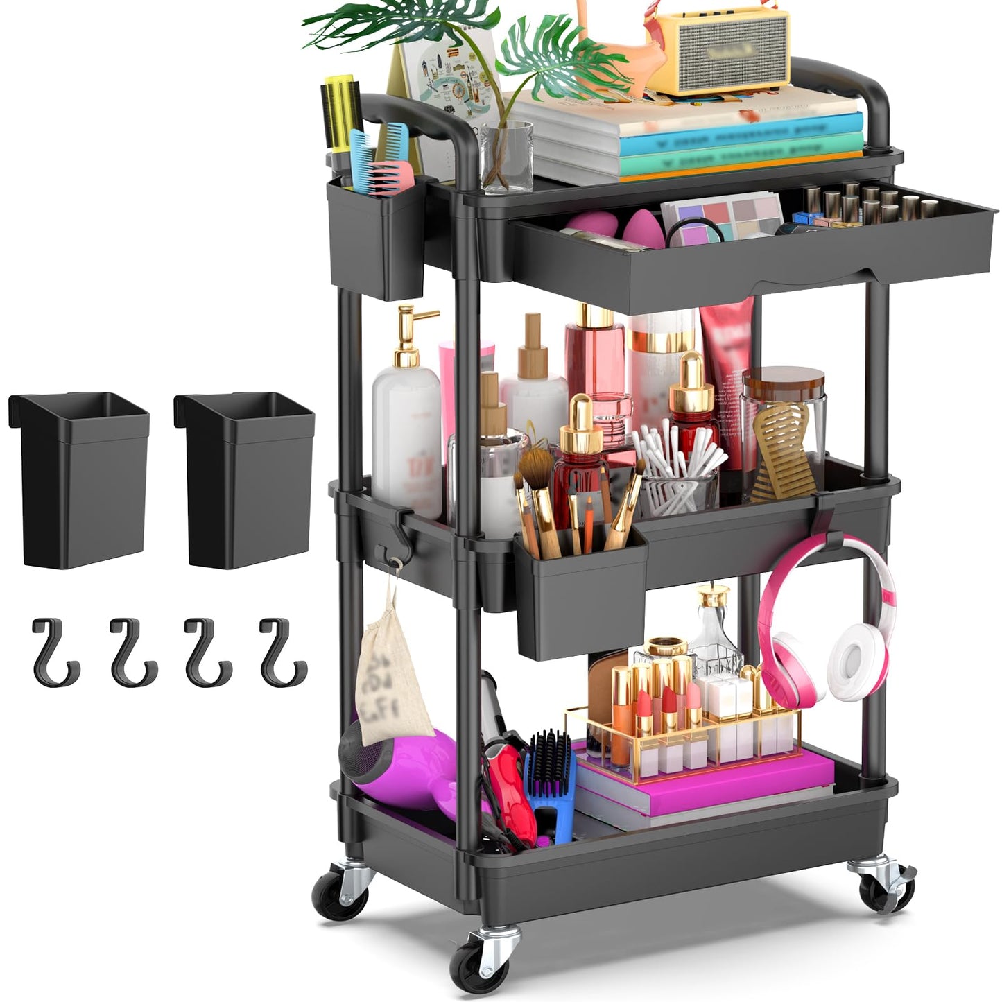 Goovilla 3 Tier Rolling Utility Cart Organizer with Removable Drawer, Stable and Sturdy Black Rolling Storage Carts with 2 Lockable Wheels for Bathroom, Kitchen, Snack, Craft, Makeup, Baby Essentials 🍁 All In One Marketplace Canada