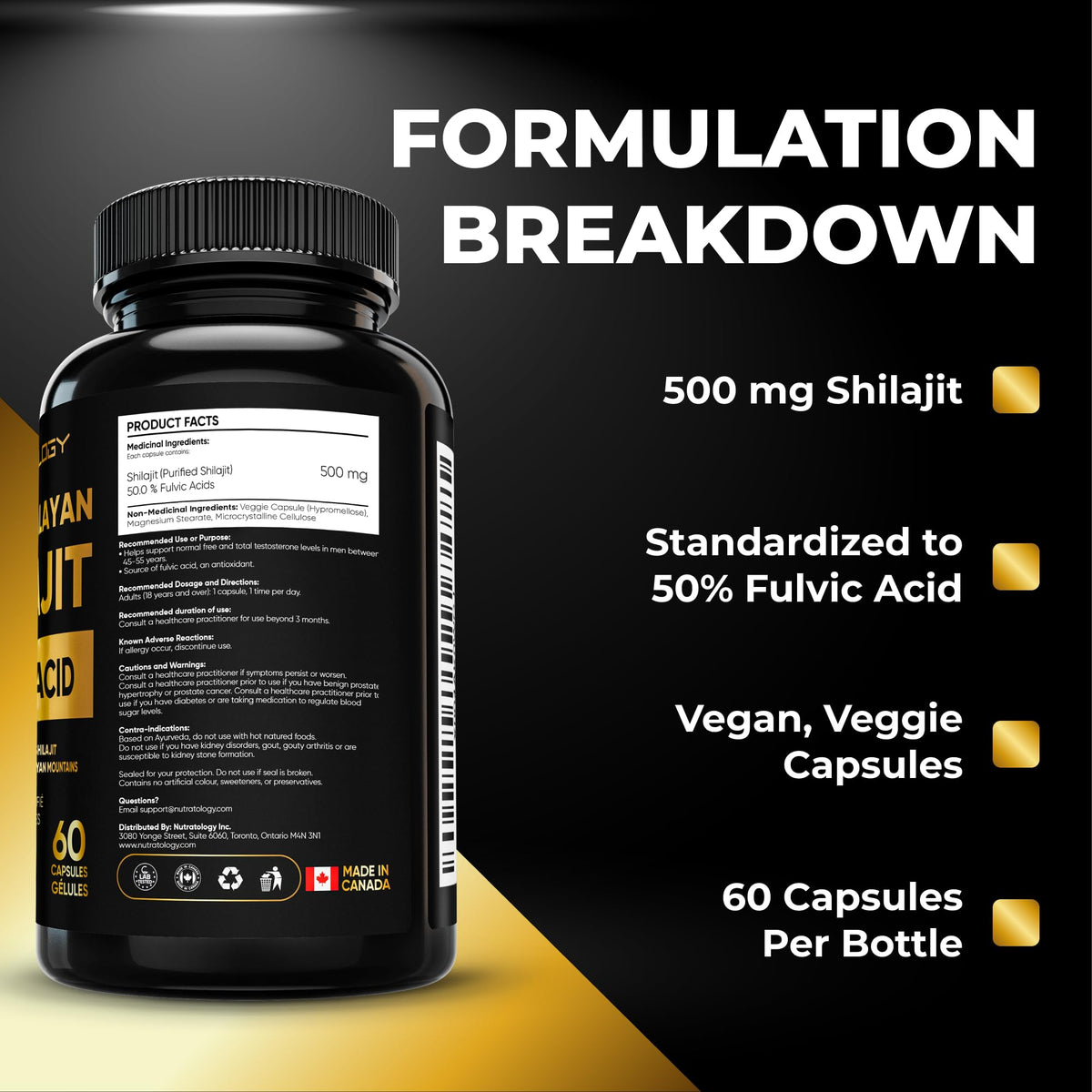 Nutratology® Pure Shilajit Capsules | 50% Fulvic Acid | High Potency & Purity - Sourced from the Himalayan Mountains - Shilajit for Men & Women - 60 Count 🍁 All In One Marketplace Canada