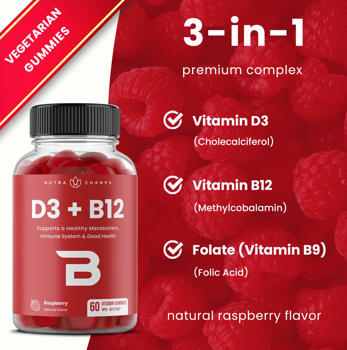 Vitamin D3 1000 IU + B12 1000mcg Per Serving | Chewable Vitamins B & D Gummies for Adults, Kids, Women & Men | Enhanced With Folate for Energy & Immunity | 120 Gummies 🍁 All In One Marketplace Canada