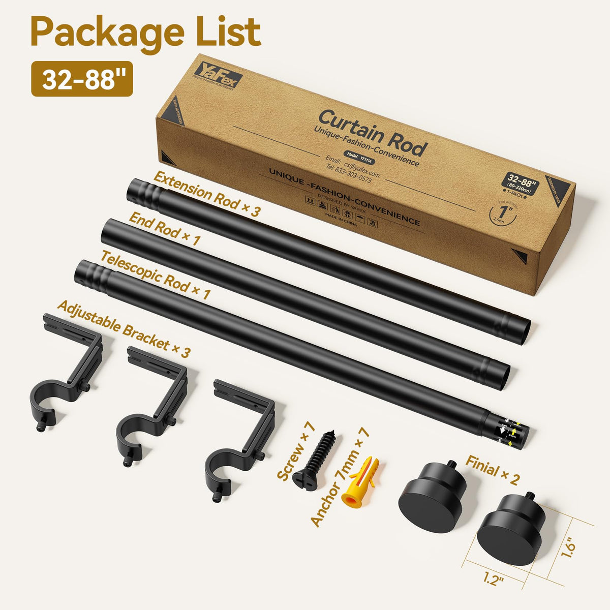 YaFex Curtain Rod 32-84 Inch, Heavy Duty 1 Inch Adjustable Curtain Pole, Black Long Curtains Rods for Window, Modern Design, Easy Installation 🍁 All In One Marketplace Canada