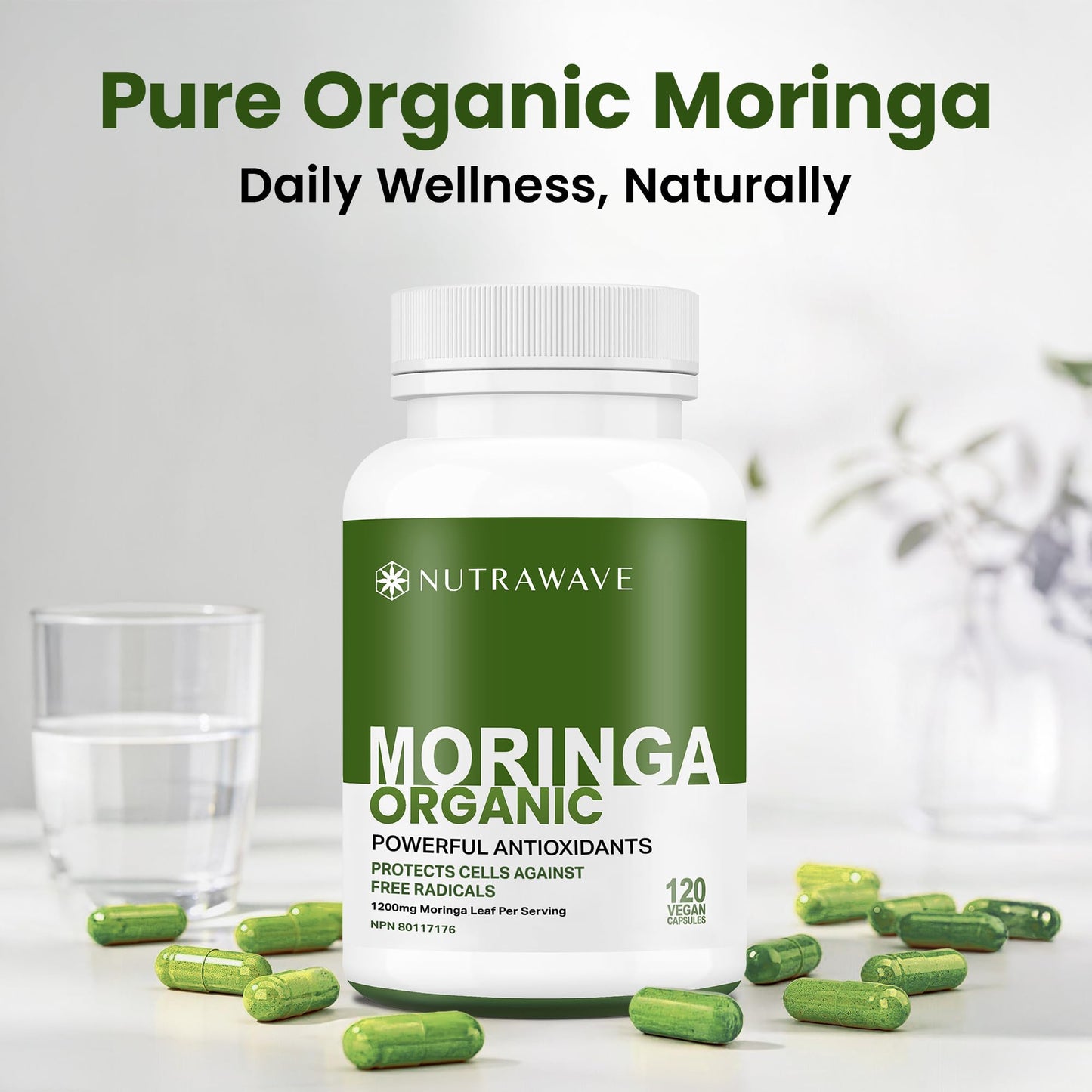 Nutrawave ORGANIC MORINGA LEAF Capsules 1200mg High Potency (2 x 600mg) – Gluten Free, Non-GMO, Vegan-Friendly Antioxidant Supplement -120 Capsules 🍁 All In One Marketplace Canada