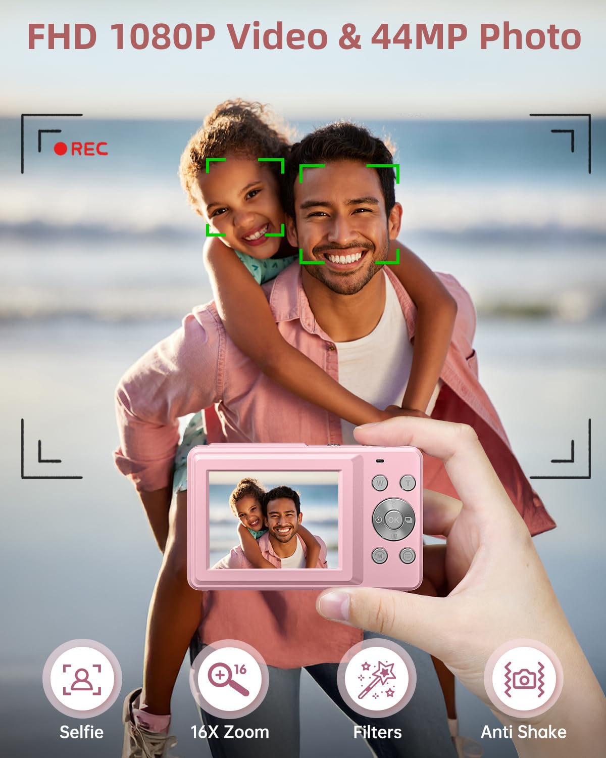 CAMKORY Digital Camera, Full HD 1080P Point and Shoot Camera, 44MP Kids Camera with 32GB Card, 16X Zoom, Pink 🍁 All In One Marketplace Canada