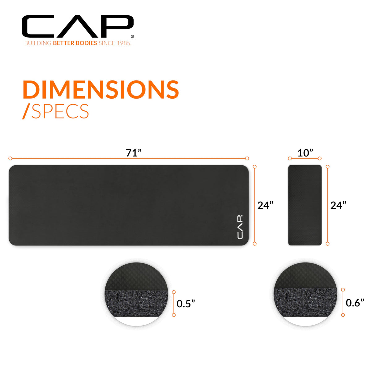 CAP Barbell Yoga Mat 1/2" Thick with Carrying Strap & Knee Pad - High Density Exercise Mat for Yoga, Pilates, Stretching, Floor & Fitness Workouts - 71''x24''x1/2" | Black 🍁 All In One Marketplace Canada