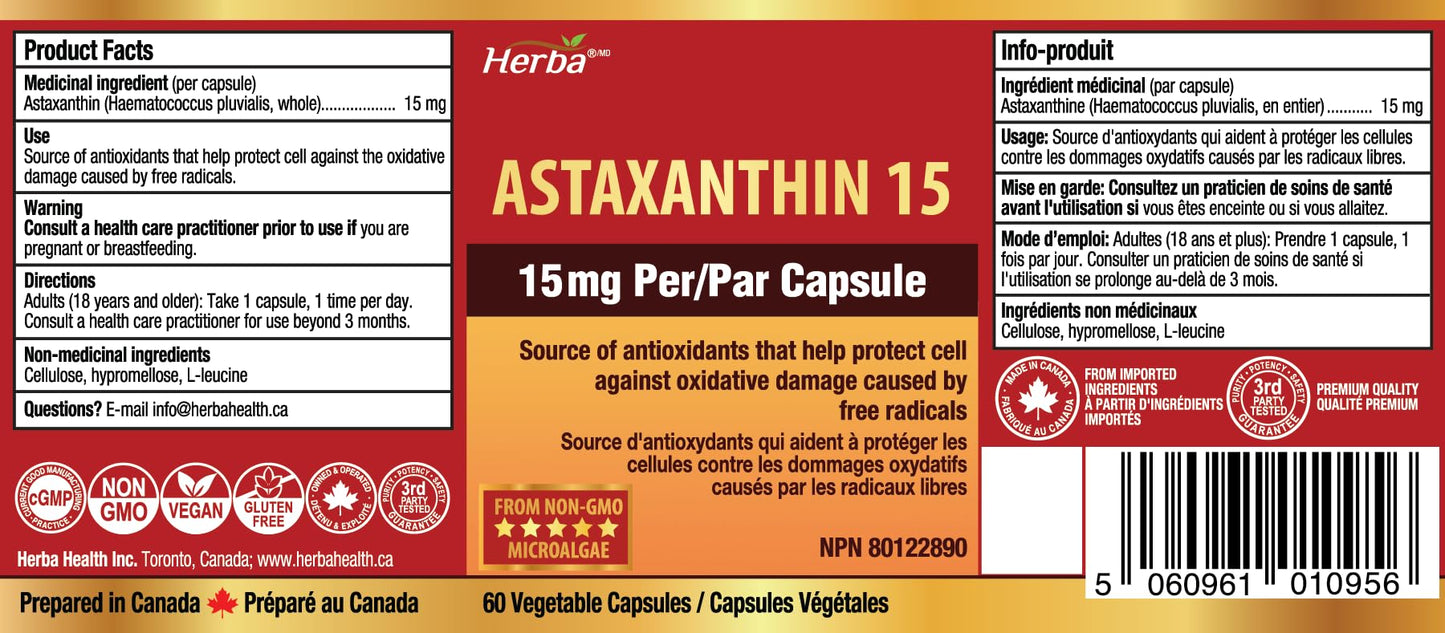 Herba Astaxanthin Supplement 15mg – 60 Vegan Capsules | Made with Non-GMO Micro-algae | Source of Antioxidant | Made and Third Party Tested in Canada 🍁 All In One Marketplace Canada