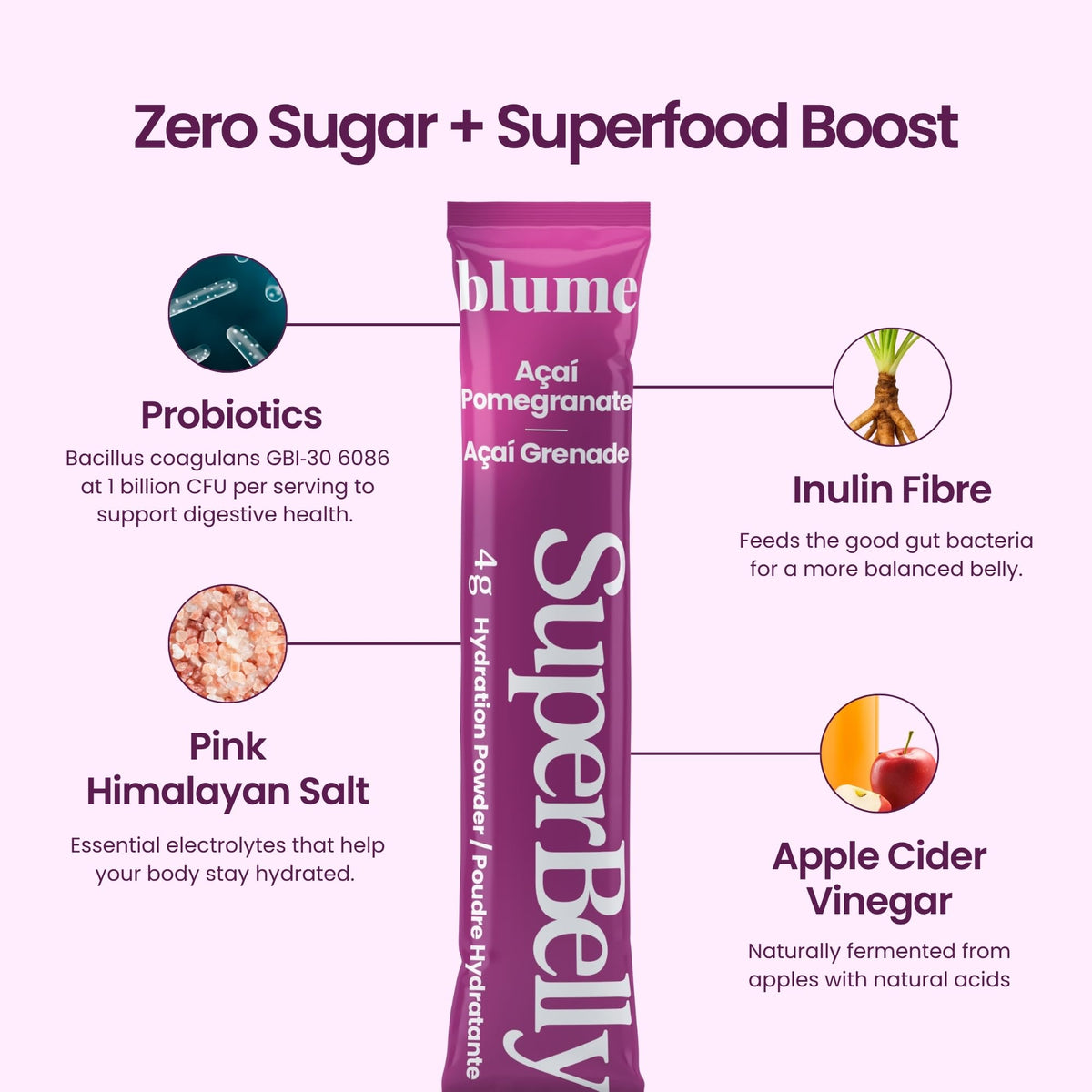 Blume SuperBelly Gut Health + Hydration, Daily Sugar Free Probiotics, Inulin Fiber, and Hydrating Minerals Powder Packets for Digestion Support - Açai Pomegranate, 15 Sticks 🍁 All In One Marketplace Canada