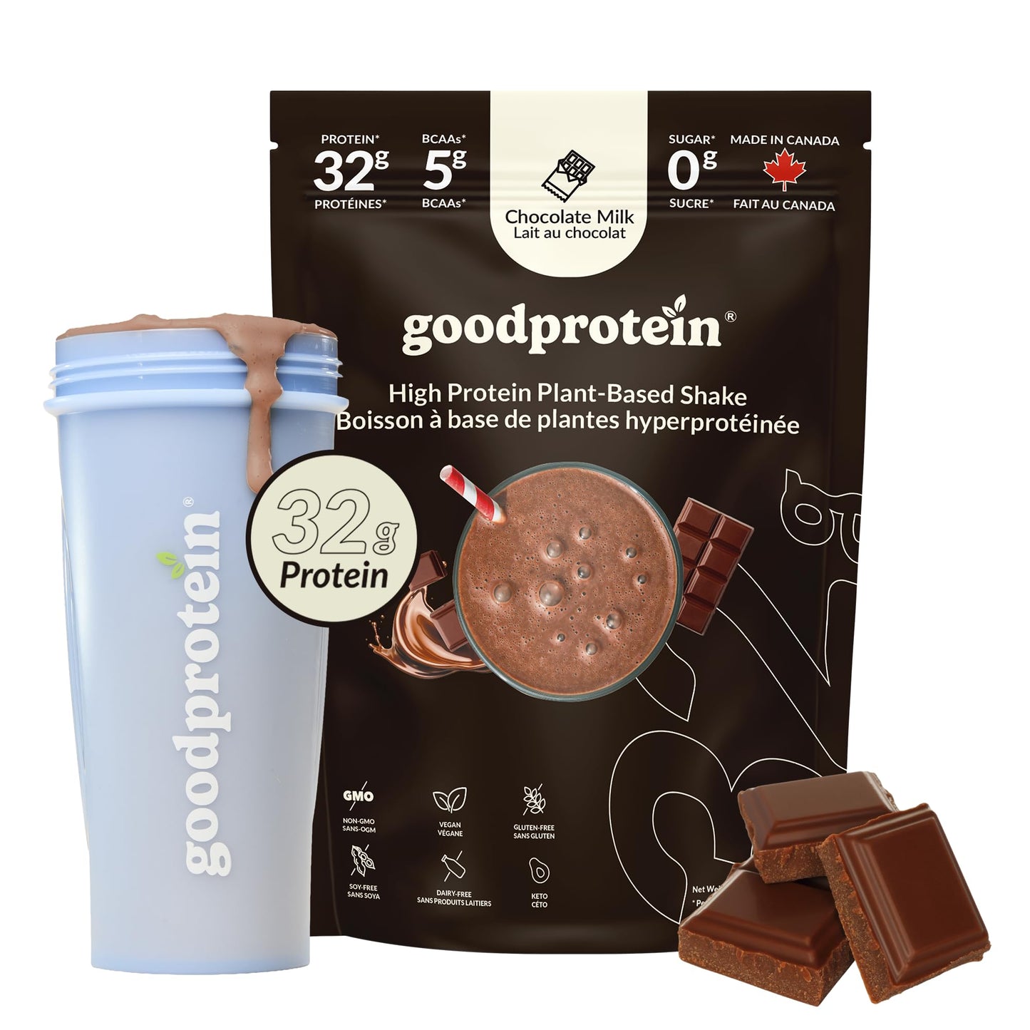 Good Protein – 32g Protein, Vegan High Protein Powder, 100% Natural, Non-GMO, Dairy-free, Gluten & Soy Free and No Added Sugar. Plant-Based Protein Shake (Chocolate Milk, 470 g) 🍁 All In One Marketplace Canada