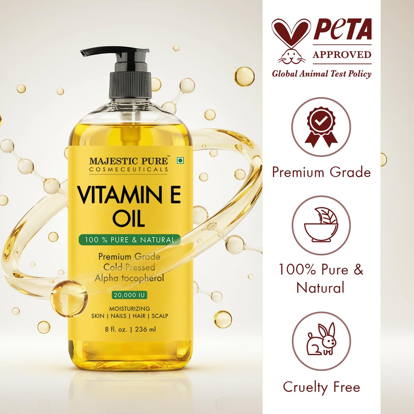 Majestic Pure Vitamin E Oil - 100% Pure & Natural, 20,000 IU | Premium Grade, Cold-Pressed and Tocopherol to Repair Dry, Damaged Skin| Moisturizing Skin, Hair and Scalp 8 Fl Oz 🍁 All In One Marketplace Canada