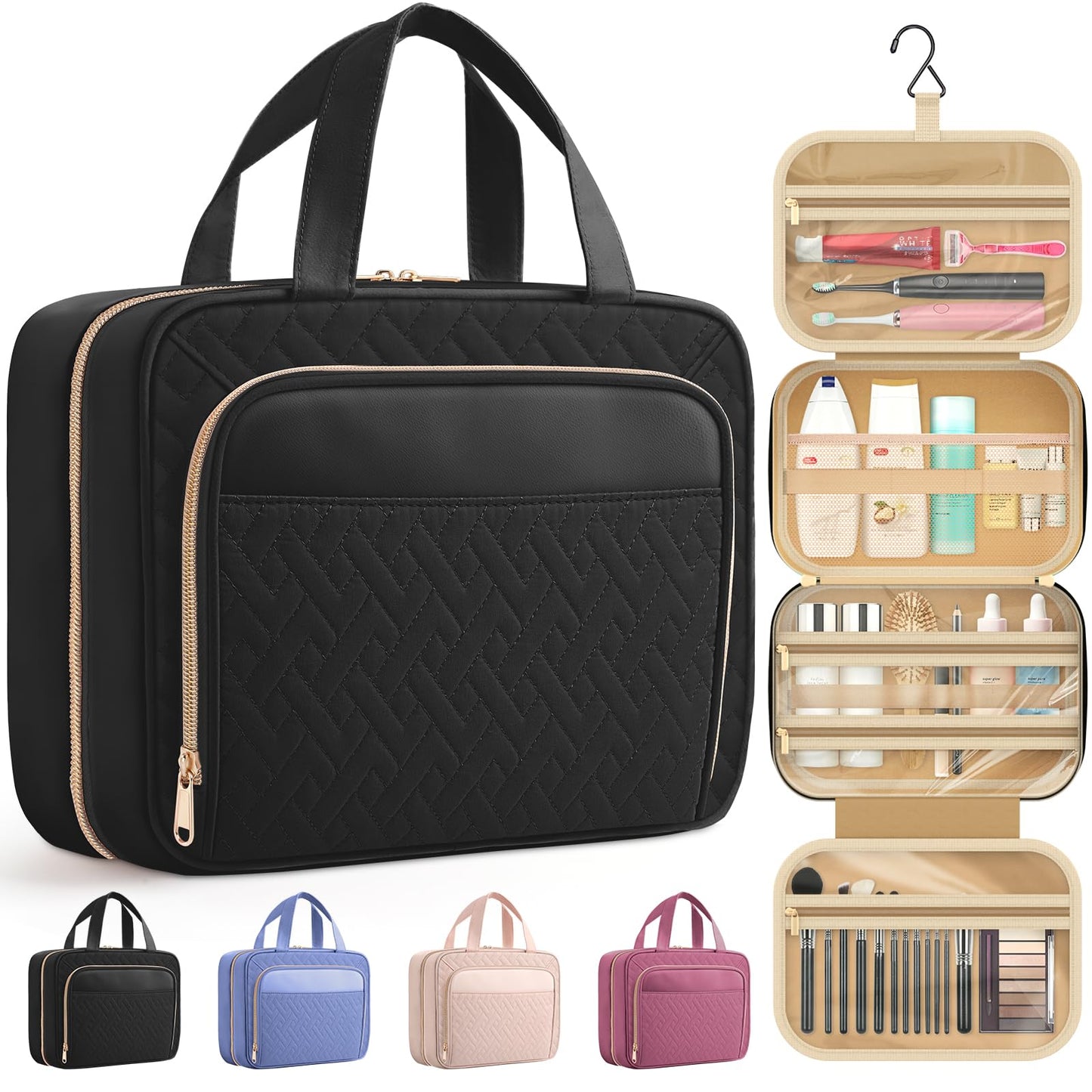 HOTOR Travel Toiletry Bag for Women - Spacious Toiletry Bag for Men, Waterproof Makeup Bag with Hanging Hook and Multiple Pockets, Travel Accessories, Travel Essentials, Black, Medium 🍁 All In One Marketplace Canada