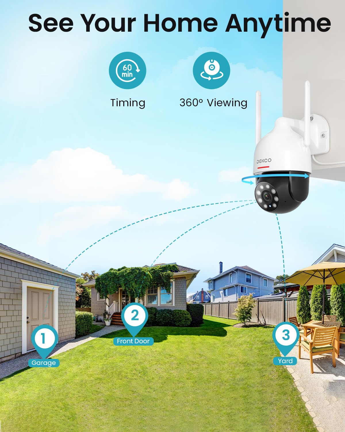 DEKCO 2K Outdoor Security Camera with 360 Degree Pan-Tilt Motion Tracking, Home Camera Surveillance Exterieur, WiFi Camera, Full Color Night Vision Sound-Light Alarm, 2-Way Audio, Waterproof 🍁 All In One Marketplace Canada