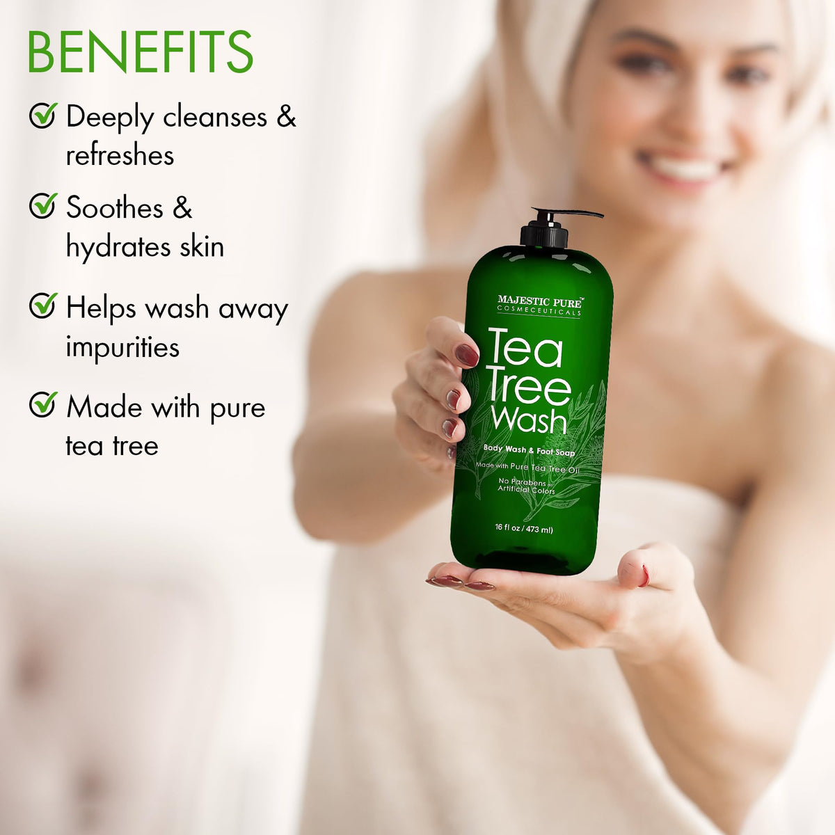 MAJESTIC PURE Tea Tree Body Wash with Collagen - Helps Nail Fungus, Athletes Foot, Ringworms, Jock Itch, Acne, Eczema & Body Odor - Soothes Itching - (Packaging May Vary), 16 fl oz 🍁 All In One Marketplace Canada