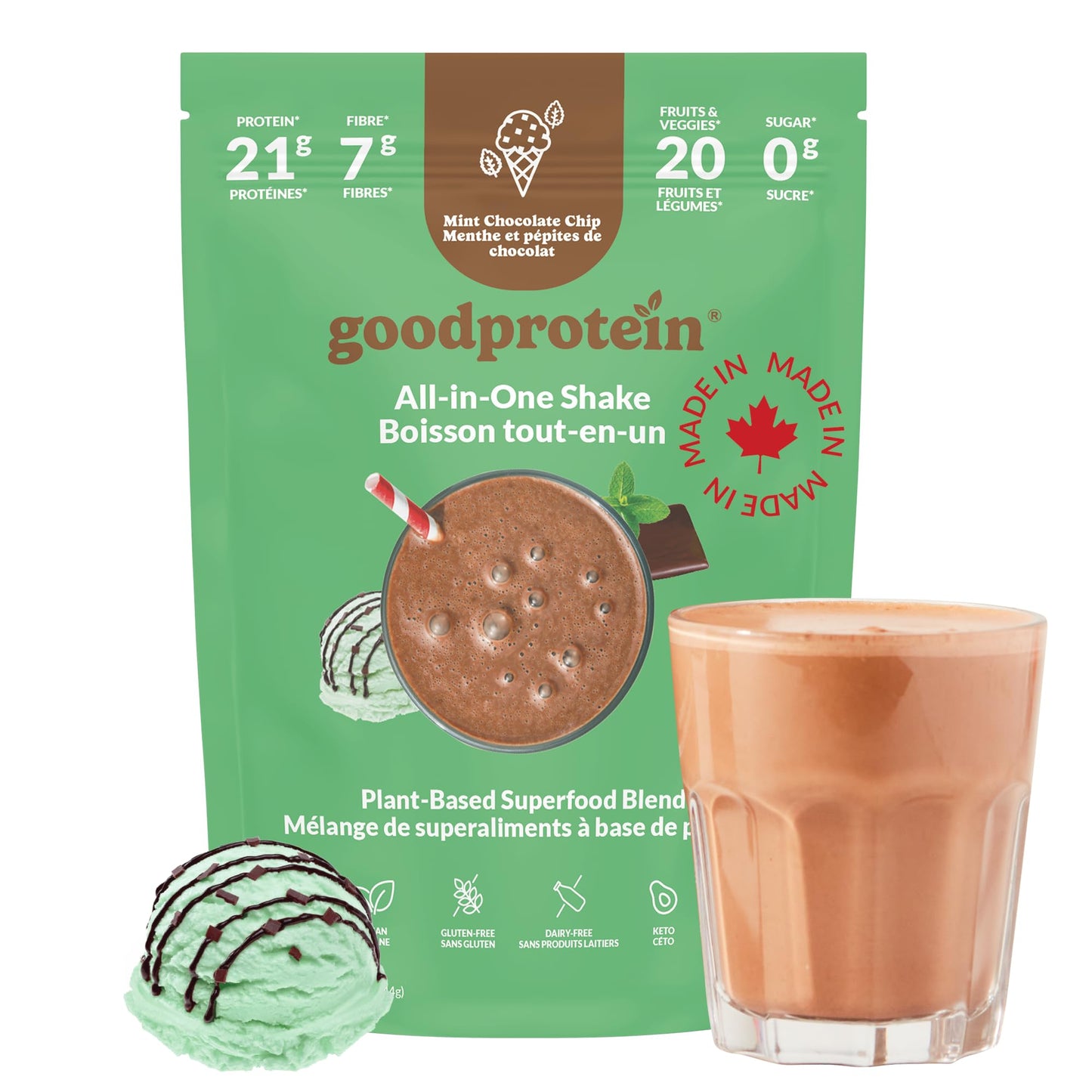 Good Protein Vegan Plant-based Protein Powder 100% Natural, Non-GMO, Dairy-free, Gluten-free, Soy-free, No Added Sugar and Nothing Artificial. Mint Chocolate Chip All-in-One Shake 440 grams 🍁 All In One Marketplace Canada