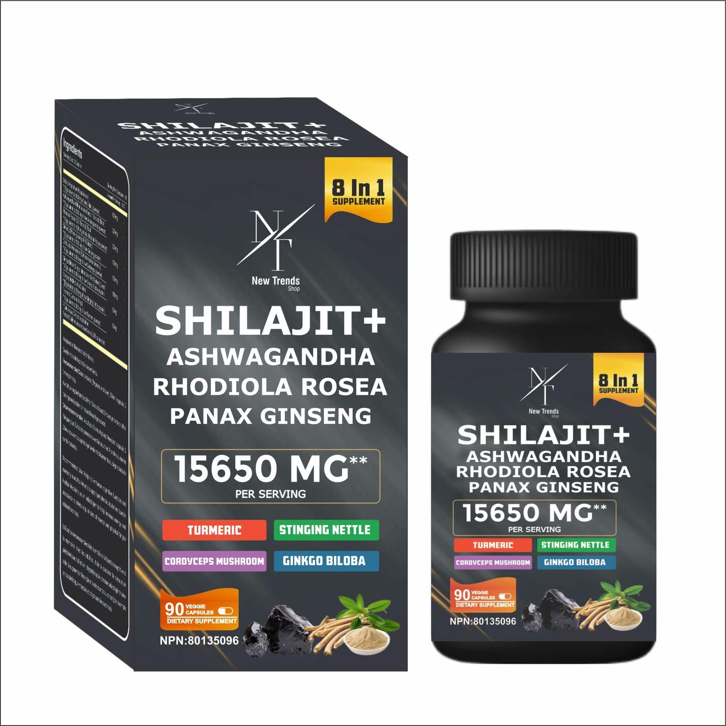 8-in-1 Shilajit Himalayan Organic Supplement with Shilajit 9000, Ashwagandha 2000MG, Rhodiola Rosea 1000MG, Panax Ginseng 1500MG, Cordyceps Mushroom 500MG, Gingko Biloba 500MG, Stinging Nettle 250MG, Turmeric (15,250 MG - 90 Caps)