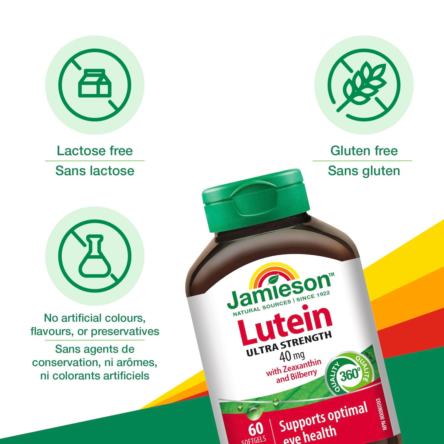 Jamieson Ultra Strength Lutein 40 mg, with Zeaxanthin and Bilberry, Supports Eye Health, and Helps Reduce the Risk of Developing Cataracts. Non-GMO, Gluten-Free, 60 Softgels, Proudly Canadian 🍁 All In One Marketplace Canada