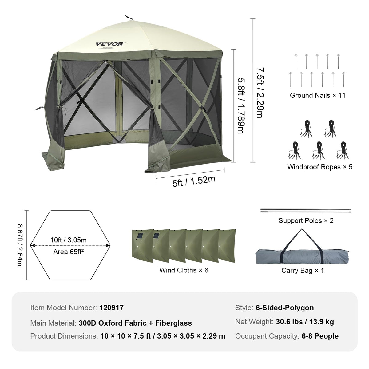 VEVOR Pop Up Gazebo Tent, Pop-Up Screen Tent 6 Sided Canopy Sun Shelter with 6 Removable Privacy Wind Cloths & Mesh Windows, 10x10FT Quick Set Screen with Mosquito Netting, Army Green 🍁 All In One Marketplace Canada