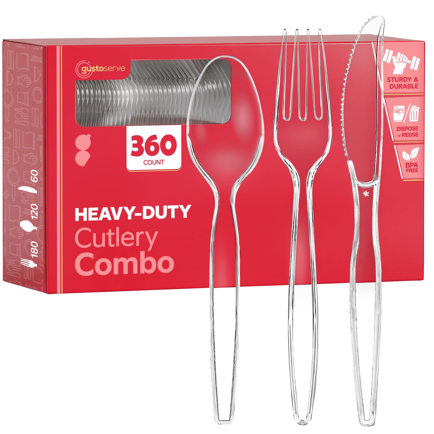 Gusto [360 Combo Pack] Heavy Duty Clear Silverware, Heavyweight Utensils - 180 Forks, 120 Spoons and 60 Knives Cutlery, Reusable, Perfect for Wedding, Parties and Events - Formerly Comfy Package 🍁 All In One Marketplace Canada