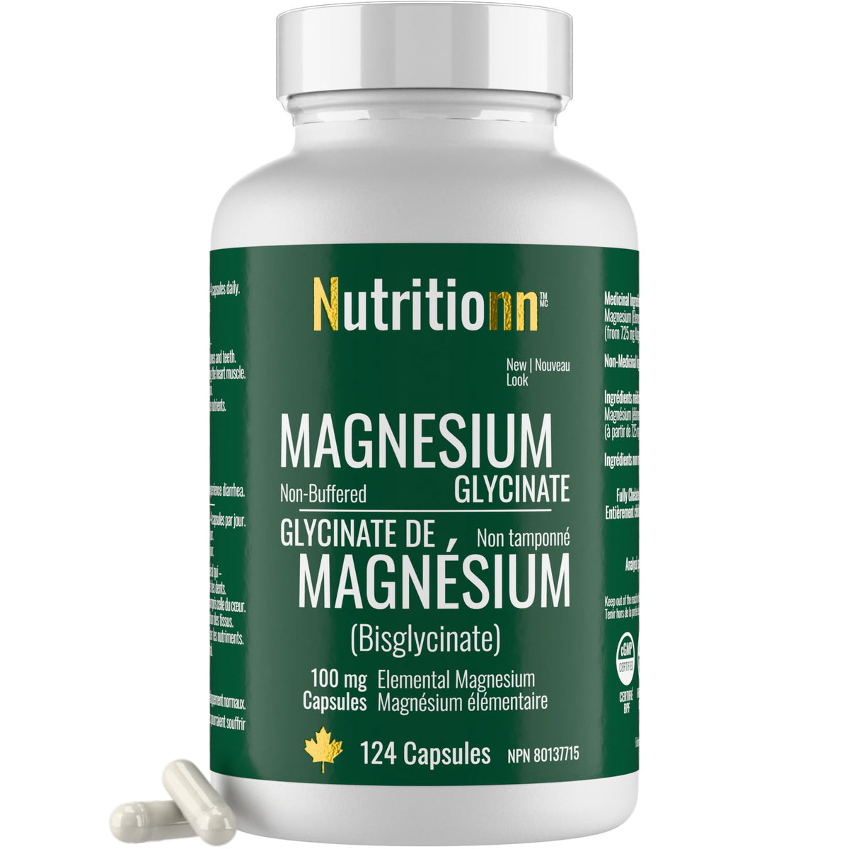 Magnesium Glycinate 100 mg Capsules (Elemental) from Non-Buffered Fully Chelated 100% Magnesium Bisglycinate - 124 High-Absorption Capsules with No Additives - Made in Canada - Nutritionn 🍁 All In One Marketplace Canada