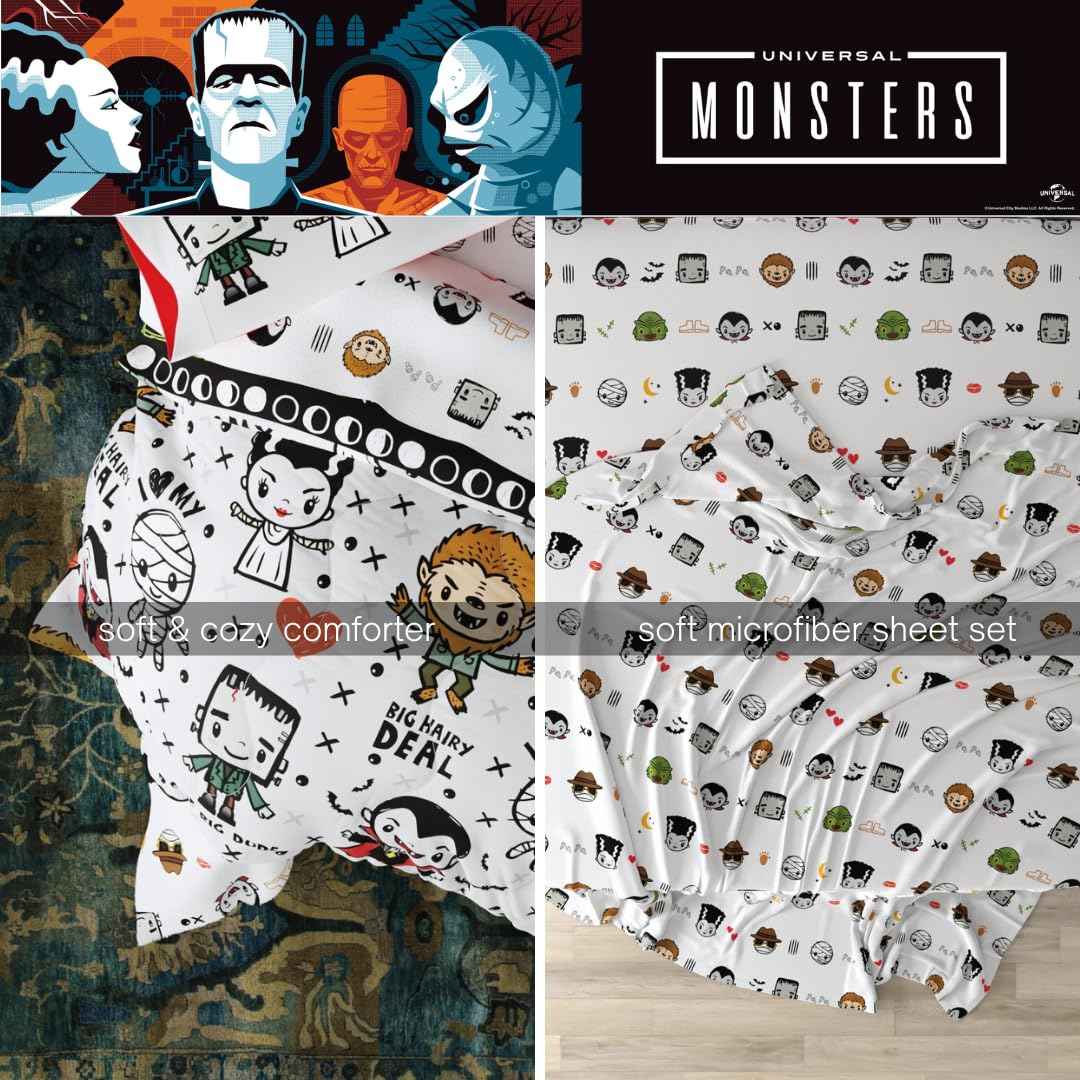 Universal Little Monsters Halloween 5 Piece Twin Bedding Set - Super Soft Cozy Reversible Comforter and Sheet Set with Sham, (Officially Licensed Product) by Franco