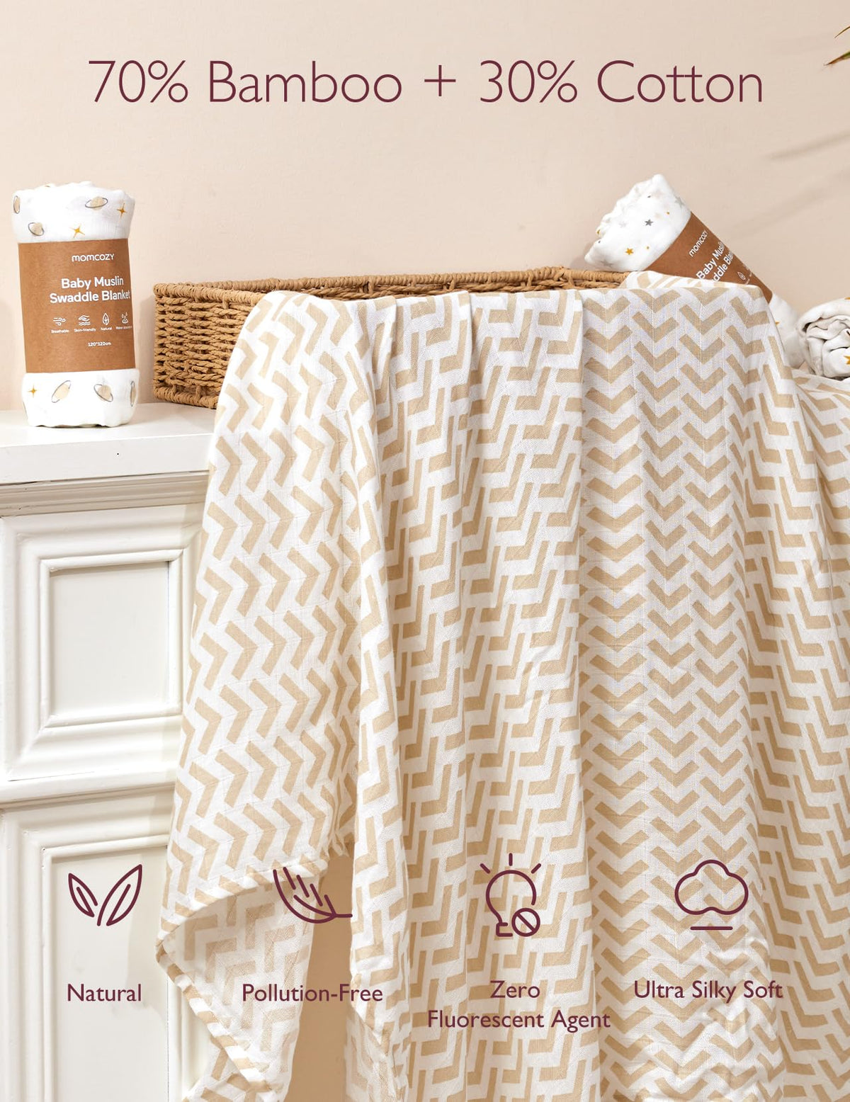 Momcozy Muslin Swaddle Blanket, 4 Pack Ultra Soft Neutral Swaddle Blankets, Breathable Large 47'' x 47'' Baby Infant Newborn Essentials, Boys Girls Receiving Blanket, Beige Star 🍁 All In One Marketplace Canada