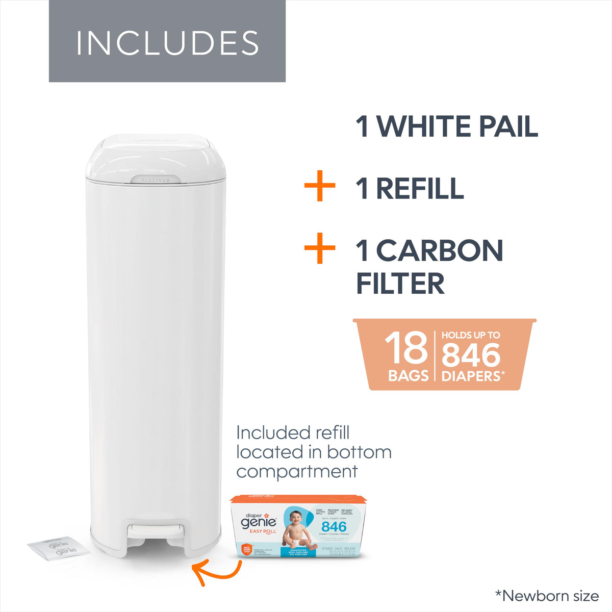 Diaper Genie Platinum Diaper Pail, White - Made in Durable Stainless Steel and Includes 1 Easy Roll Refill with 18 Bags 🍁 All In One Marketplace Canada