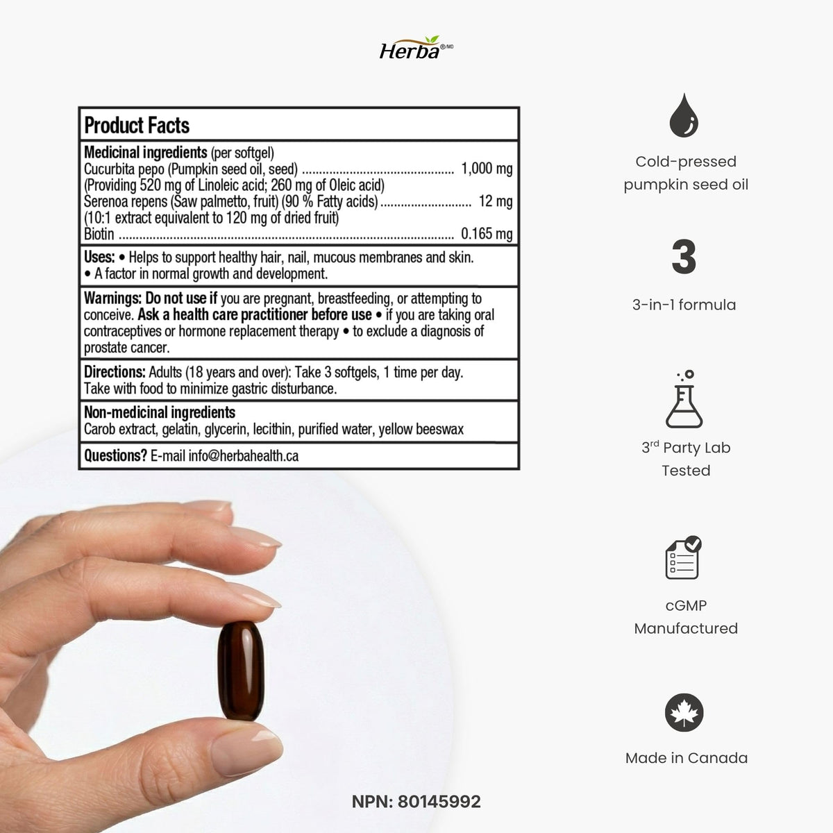 Herba Pumpkin Seed Oil Capsules for Hair - 90 Softgels | 3 in 1 with Saw Palmetto and Biotin | Cold Pressed, Extra Virgin, and Non GMO | Made in Canada 🍁 All In One Marketplace Canada