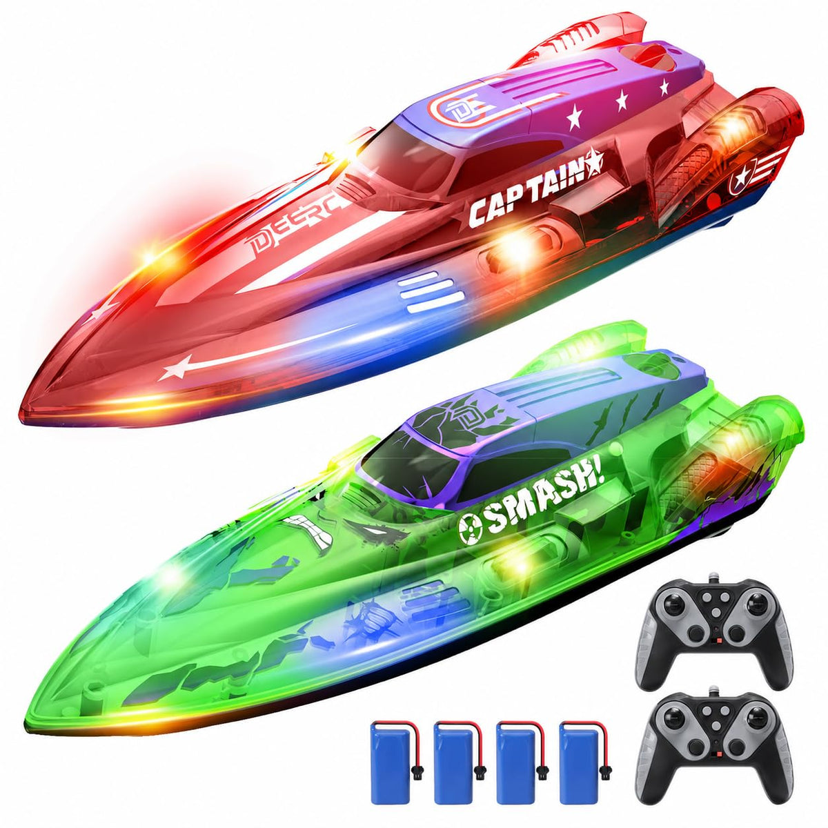 DEERC 2 Pack 13 inch Remote Control Boat for Kids, 4 Batteries, 2.4Ghz RC Racing Boat with LED Lights for Pools and Lakes, Water Summer Toy Gift 🍁 All In One Marketplace Canada