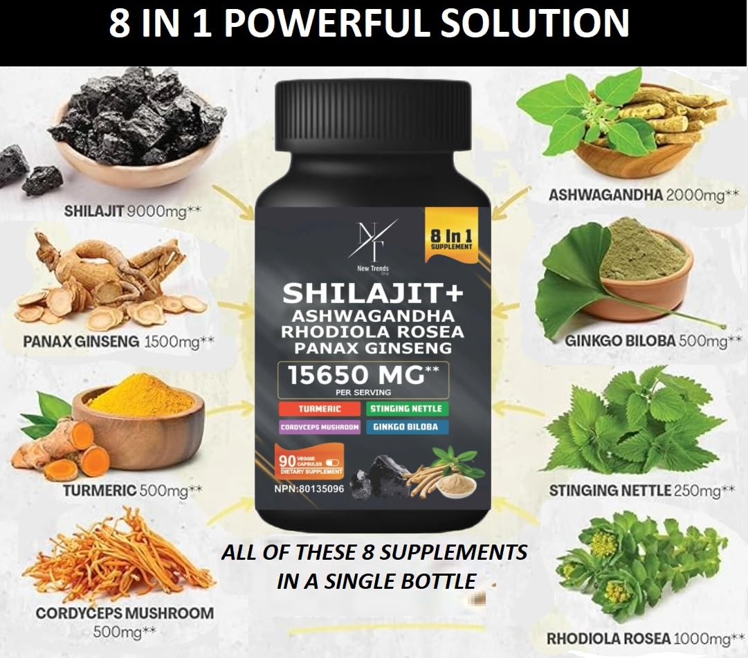 8-in-1 Shilajit Himalayan Organic Supplement with Shilajit 9000, Ashwagandha 2000MG, Rhodiola Rosea 1000MG, Panax Ginseng 1500MG, Cordyceps Mushroom 500MG, Gingko Biloba 500MG, Stinging Nettle 250MG, Turmeric (15,250 MG - 90 Caps)