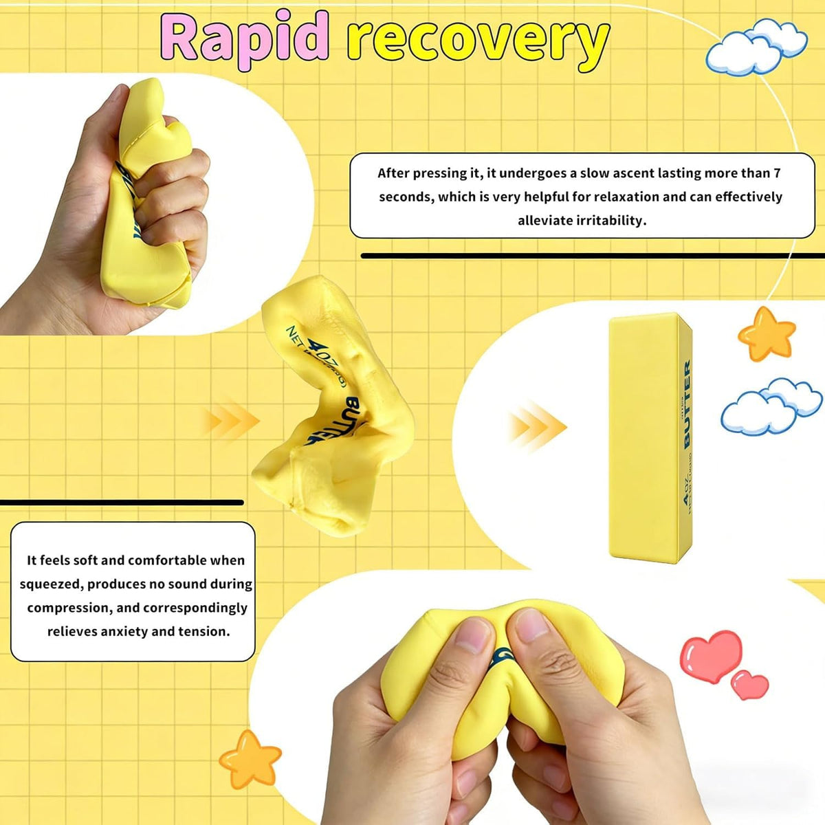 2Pcs Cute Butter Stress Balls,Slow Rebound Realistic Soft Butter Stick Fidget,Slow Rising Portable for Adults Anxiety & Stress Relief (Yellow) 🍁 All In One Marketplace Canada
