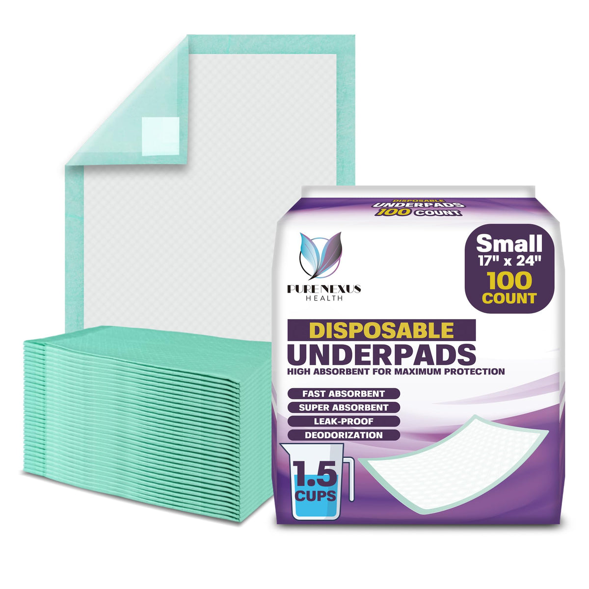 PureNexus Health Disposable Underpads 17" x 24", 100 Count – Super Absorbent Incontinence Bed Pads, Waterproof Pee Pads, Chux, Soaker Pads for Baby Changing, Kids, Adults & Elderly, Mattress Protector 🍁 All In One Marketplace Canada