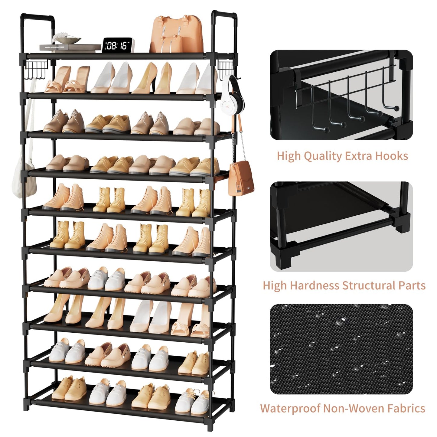 10 Tier Shoe Rack, Large Capacity Tall Shoe Storage Organizer Holds 50-55 Pairs Shoes and Boots, Vertical Shoe Shelf Cabinet with Versatile Hooks for Closet Entryway Garage Bedroom 🍁 All In One Marketplace Canada