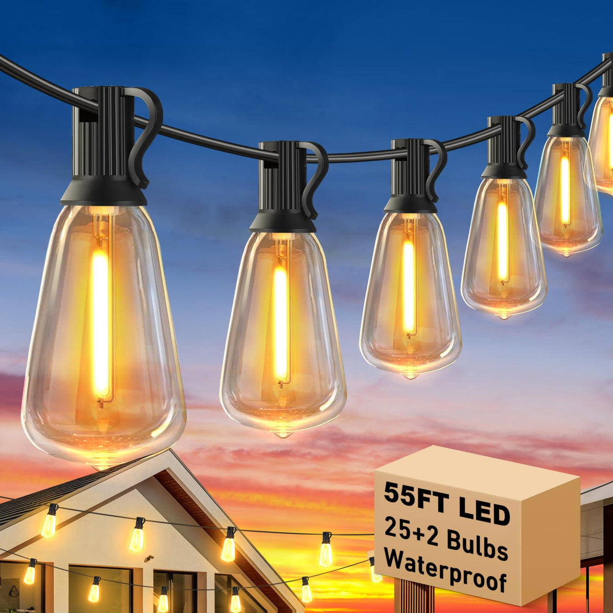55FT Outdoor String Lights with 27 Shatterproof LED Edison Bulbs (2 Spares), Waterproof ST38 Patio Lights Dimmable, Connectable Hanging Outdoor Lights for House Backyard Garden, 2700K 🍁 All In One Marketplace Canada