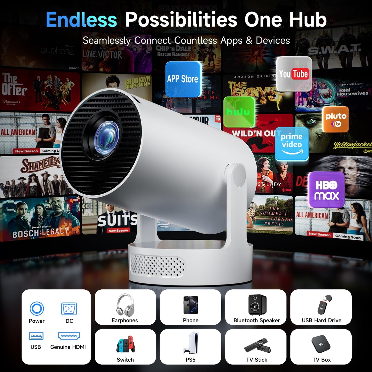 Kimwood Projector with Upgraded HiFi Speaker, [Built-in Apps] 1080P Mini Portable Projector Lower Noise Auto Keystone WiFi 6 Bluetooth 5.4 Ultra Short Throw Projectors Big Screen in Small Room 🍁 All In One Marketplace Canada