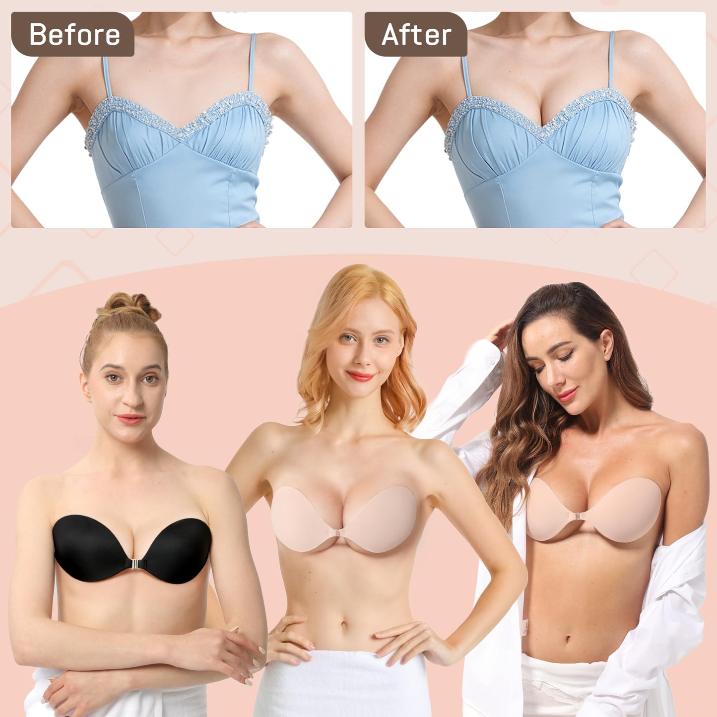 GKHWON Adhesive Bra Strapless Backless Invisible Push Up Sticky Bra with Silicone Nipple Covers Reusable Beige B 🍁 All In One Marketplace Canada