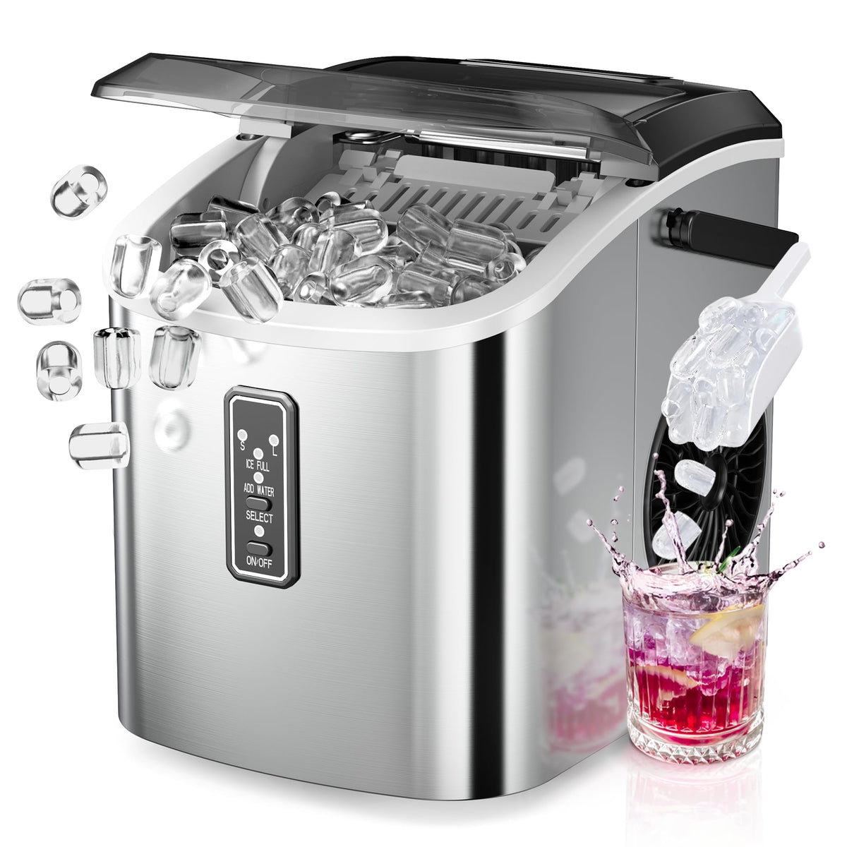 EUHOMY Ice Maker Countertop, 9 Cubes Ready in 6 Mins, 26lbs/24H, Self-Cleaning, Portable Ice Maker Machine with Carry Handle, Basket and Scoop, 2 Sizes of Bullet Ice for Home, Kitchen, Office 🍁 All In One Marketplace Canada