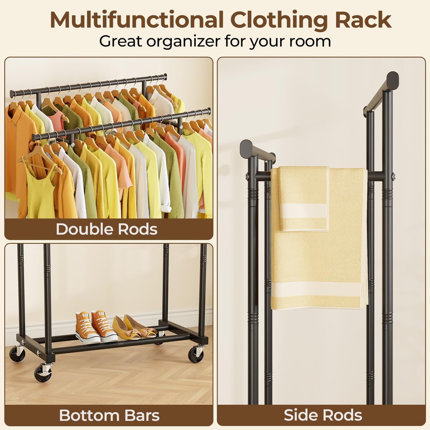 HYSEYY Double Rods Clothing Rack, Rolling Clothes Rack, Metal Garment Rack with 4 Lockable Wheels & Storage Shelf, Sturdy Coat Rack for Bedroom, Laundry, Living Room - 160H x 113W x 42D cm (Black) 🍁 All In One Marketplace Canada