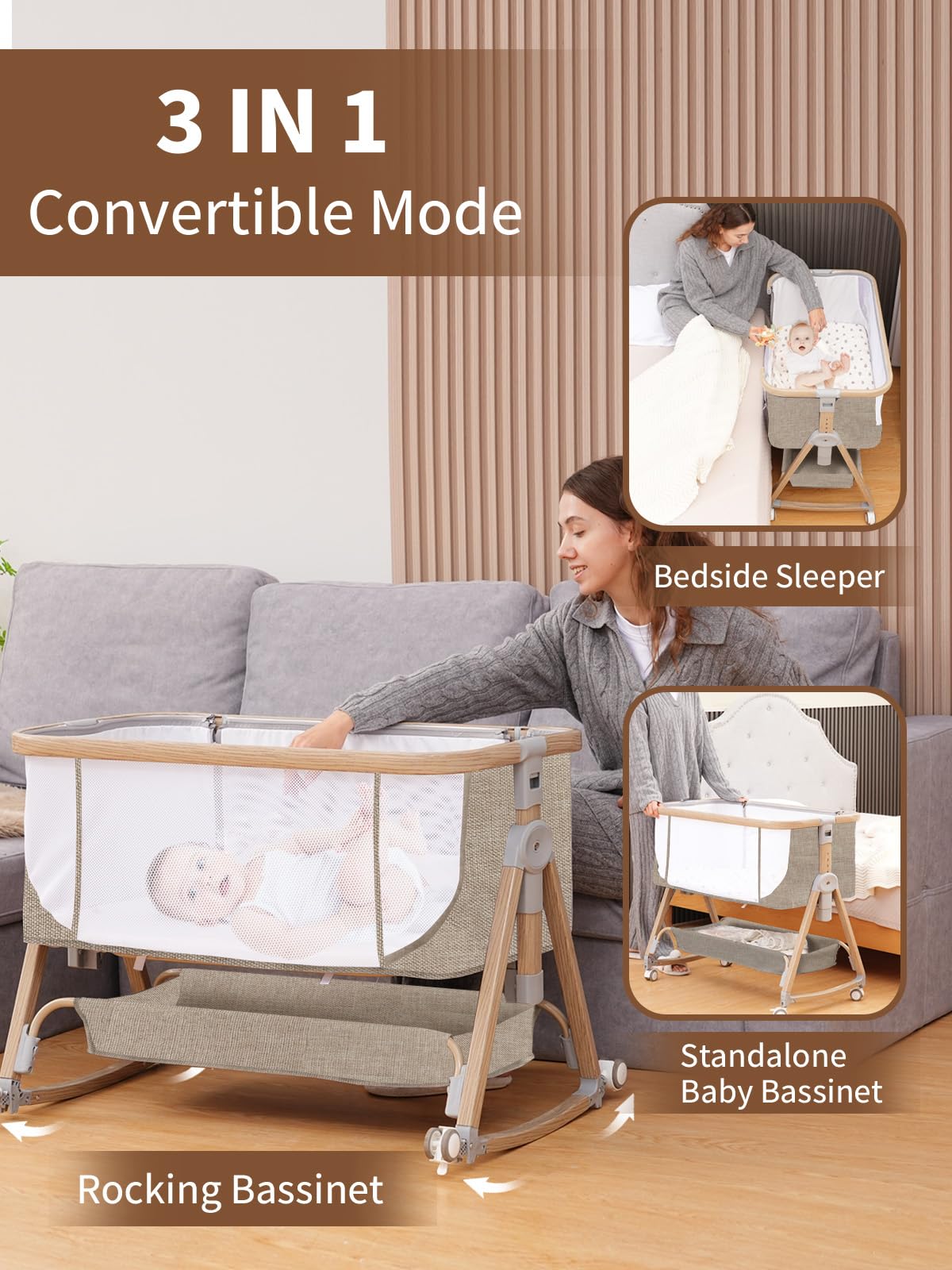 Baby Bassinet, Basinet Bedside Sleeper with Waterproof Bassinet Sheets and Soft Mattress, Safe Adjustable Height Bedside Bassinets with Wheels, Girl/Boy Bassinets, Jestonten (Khaki) 🍁 All In One Marketplace Canada