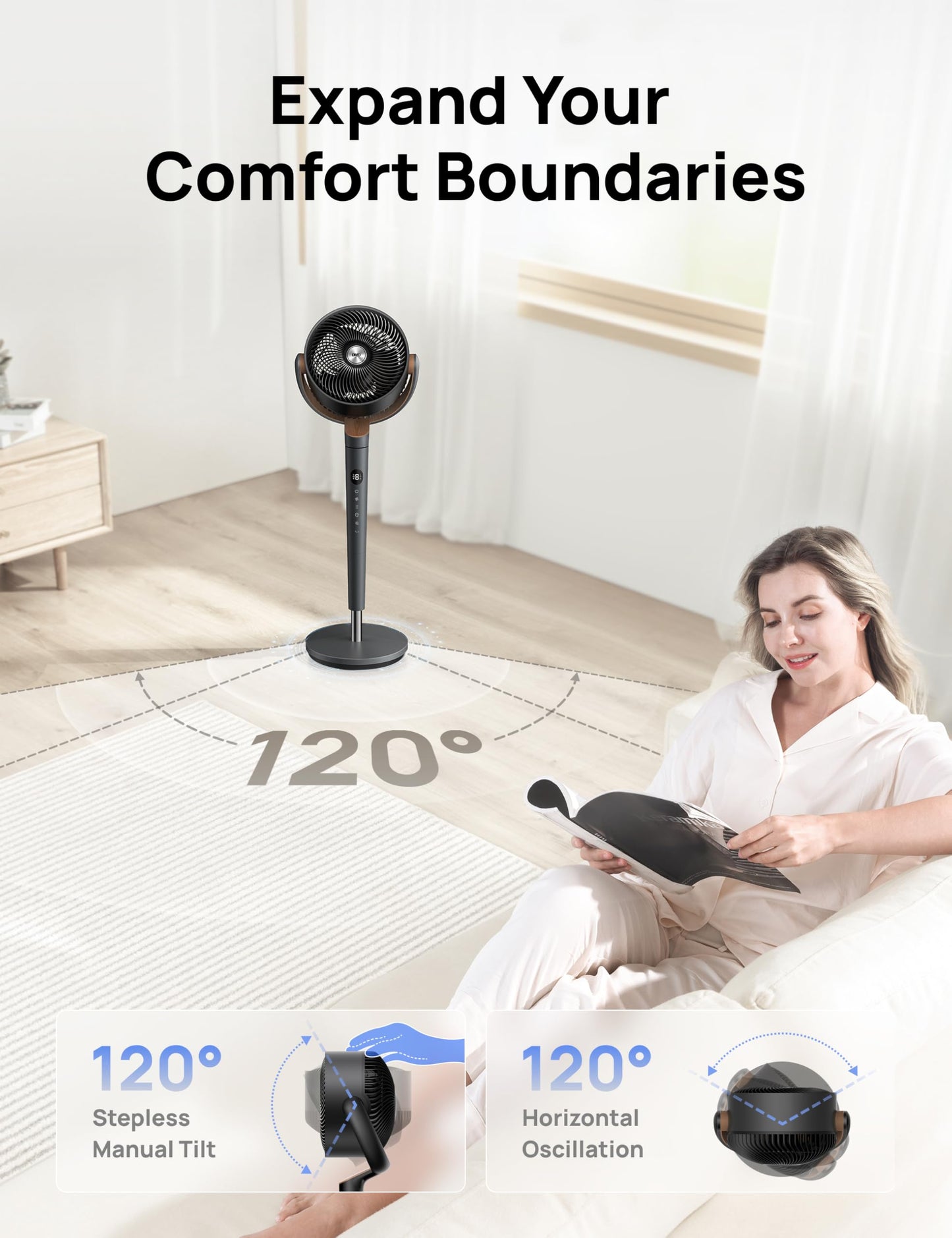 Dreo Fan for Bedroom, 120° Oscillating Standing Fans, Quiet Floor Fan with DC Motor, 100ft Pedestal Fans for Room, 9 Speeds, 4 modes, 20dB, 120° Manual Vertical, 37-42" Adjustable Height, 9H Timer 🍁 All In One Marketplace Canada