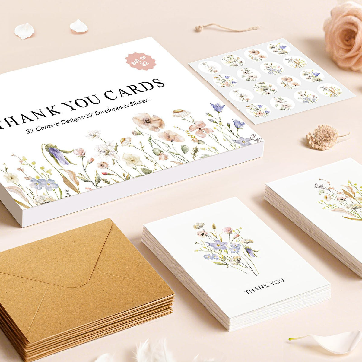 Thank You Cards with Envelopes - 32 Pack Wildflower Blank Cards With Adhesive Envelopes & Matching Stickers Perfect for Wedding, Bridal Showers, Baby Showers,Birthday, All Occasion 🍁 All In One Marketplace Canada