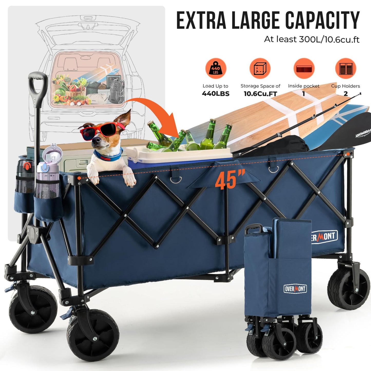 Overmont 300L Foldable Collapsible Wagon - Heavy Duty Utility Beach Wagon Cart with Rotatable Wide Wheels Inside Pockets for Camping Garden Shopping Sports - 440lbs Load 🍁 All In One Marketplace Canada