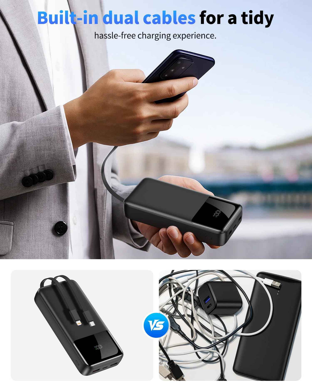 Power Bank Portable Charger 40000mAh, 22.5W Fast Charging, Built-in 2 Output Cable, Charge 5 Devices Simultaneously LCD Display for iPhone and Android Phones and Most Electronic Devices 🍁 All In One Marketplace Canada