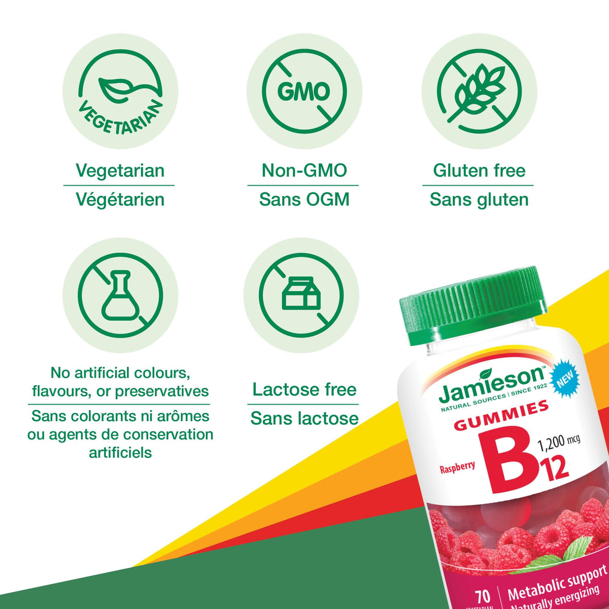 Jamieson Vitamin B12 1,200 mcg Gummies Natural Raspberry Flavour, Naturally Energizing, and Supports Metabolism. Vegetarian, Non-GMO, Gluten-Free, No Artificial Flavours, Colours, or Preservatives, 70 Count, Proudly Canadian