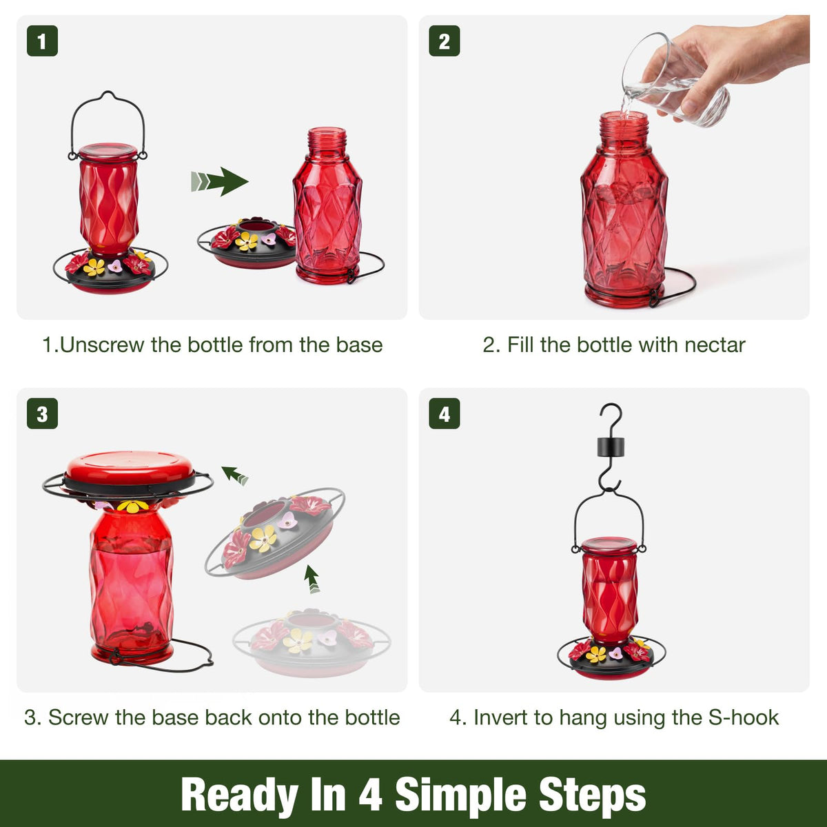 Kingsyard Glass Hummingbird Feeder for Outdoors Hanging, 20 oz Leak-Proof Hummingbird Feeders with 9 Bee Proof Feeding Ports & Ant Moat, Easy to Clean and Refill (Red) 🍁 All In One Marketplace Canada