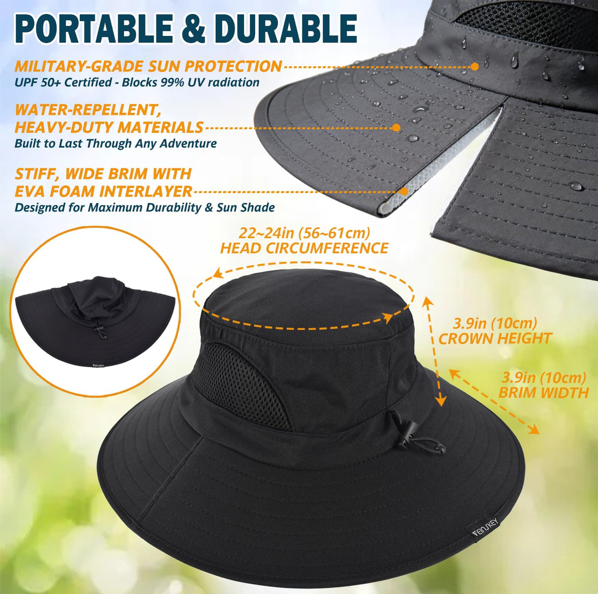 EINSKEY Sun Hat for Men/Women, Waterproof Wide Brim Bucket Hat UV Protection Boonie Hat for Fishing Hiking Garden Beach Black 🍁 All In One Marketplace Canada