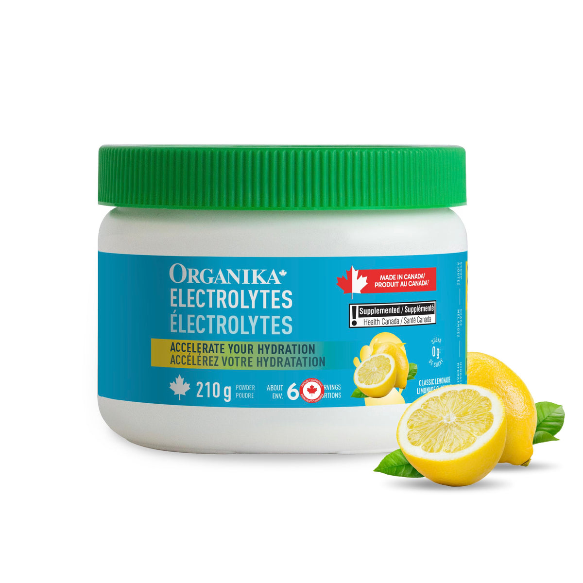 Organika Canadian-Made Electrolytes Powder with Vitamin C & Prebiotic Fibre - Sugar-Free Hydration Drink Mix - Classic Lemonade - 210 g - 60 servings 🍁 All In One Marketplace Canada