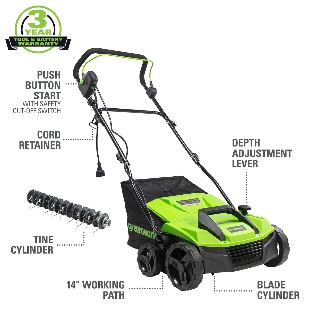 Greenworks 13 Amp 14-Inch Corded Dethatcher/Scarifier, DT13B00 🍁 All In One Marketplace Canada